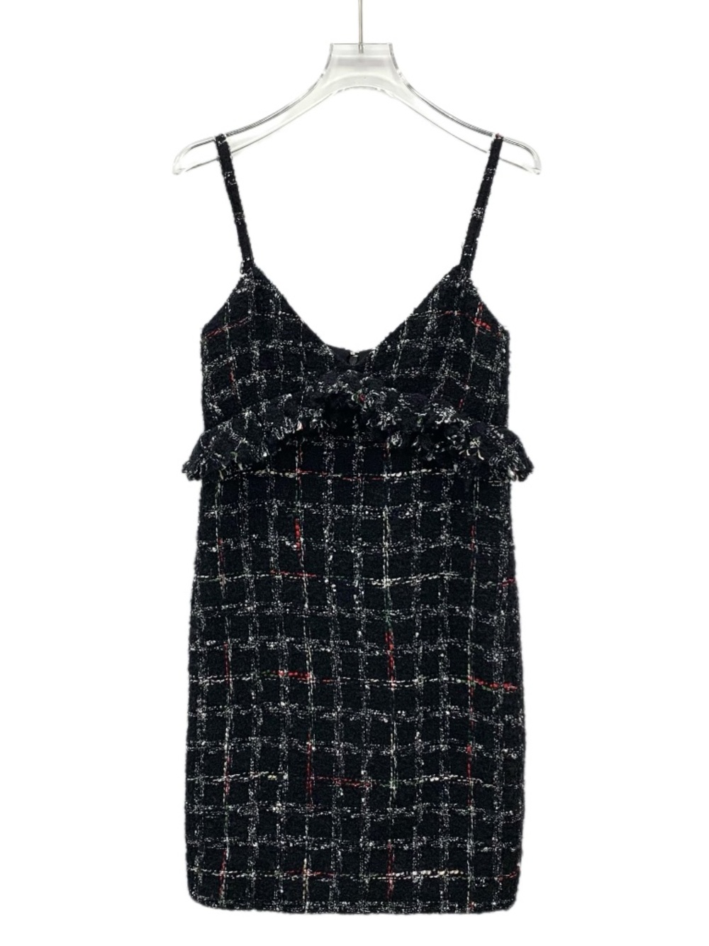 Chanel Black Cotton Checkered Woven Tweed Strapless Dress